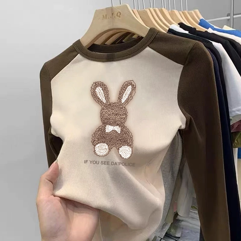 纯棉长袖中大童插肩袖撞色内搭打底衫春秋女童百搭卡通洋气T恤潮