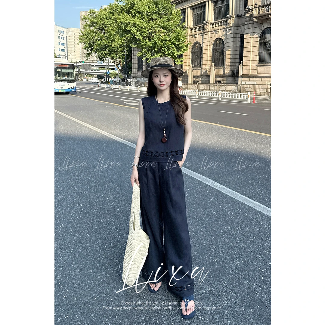 【雨薇】Liixu夏季新款慵懒风复古无袖上衣宽松直筒裤套装L52TZ527