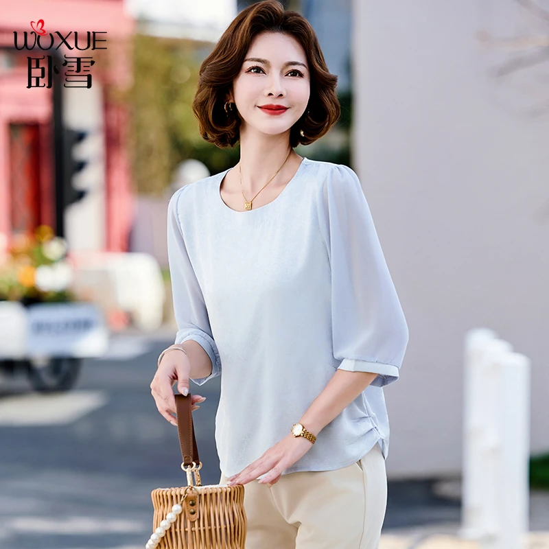 妈妈夏装短袖T恤时尚洋气中老年人女夏季纱袖宽松遮肚上衣两件套