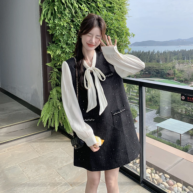miu系穿搭黑色小香风背心连衣裙女春秋富家千金高级感蝴蝶结裙子