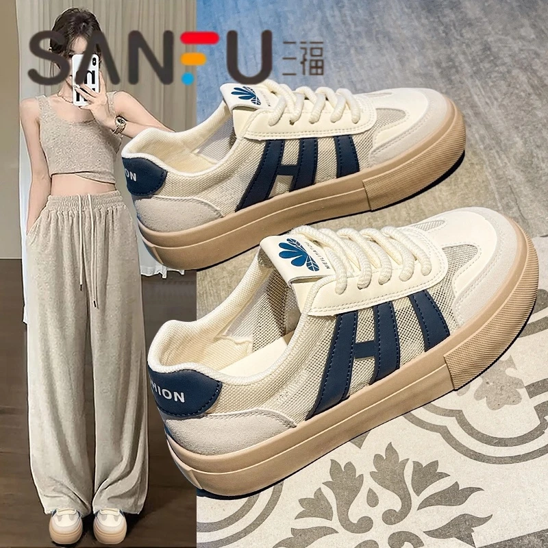 三福厚底阿甘鞋女2025新款夏季百搭运动网面透气三条杠小白鞋板鞋