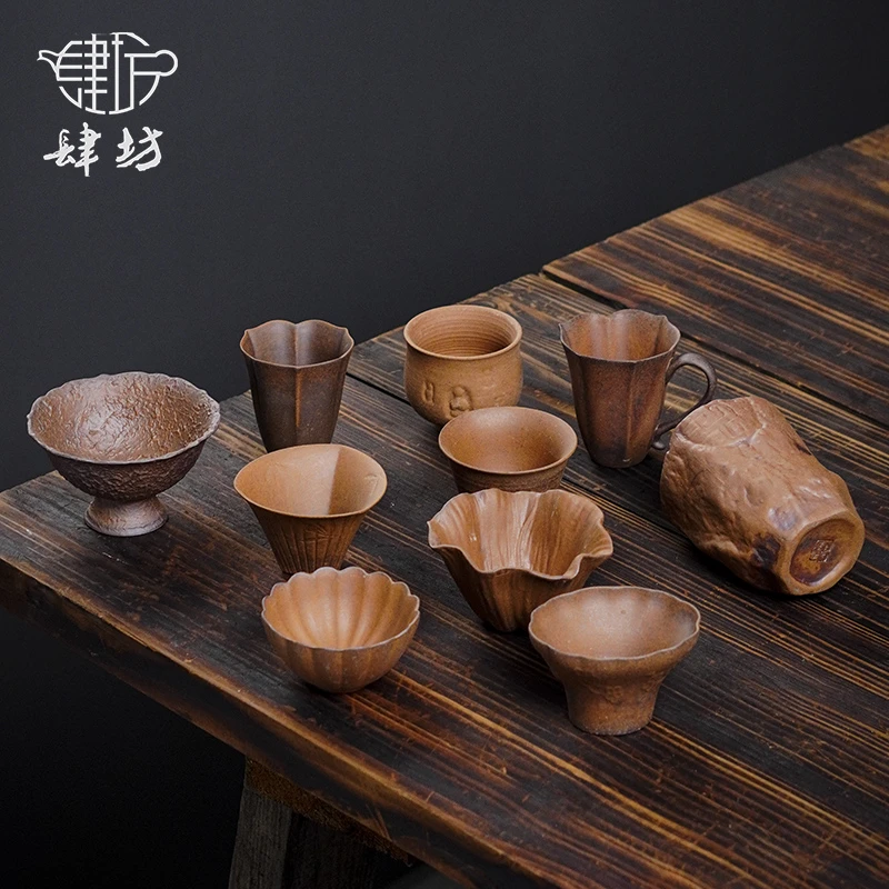 粗陶老岩泥茶杯手工复古家用陶瓷主人杯功夫茶具品茗杯单杯小茶杯