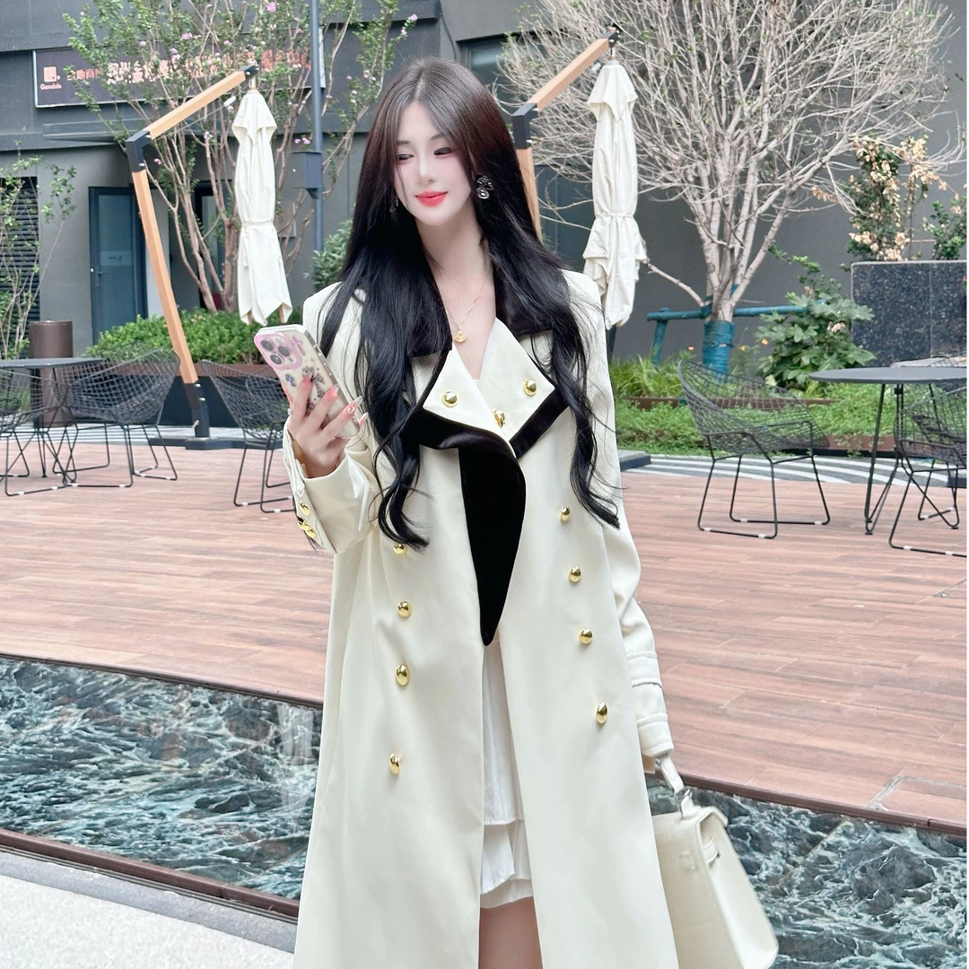 韩版西装丝绒领时尚百搭大衣外套女2025春秋中长款小众设计感风衣