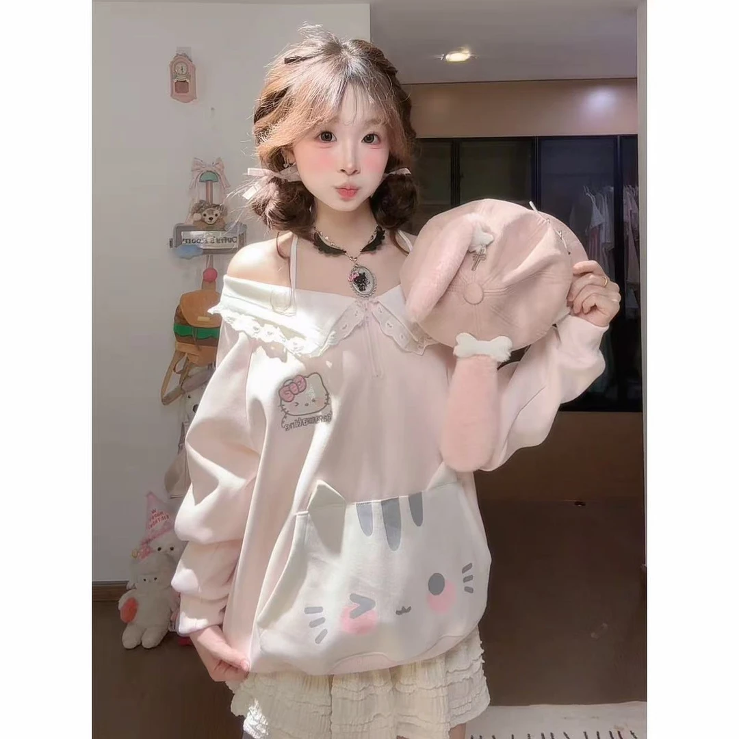 甜美可爱宅萌一字领长袖卫衣女早秋宽松显瘦百搭上衣