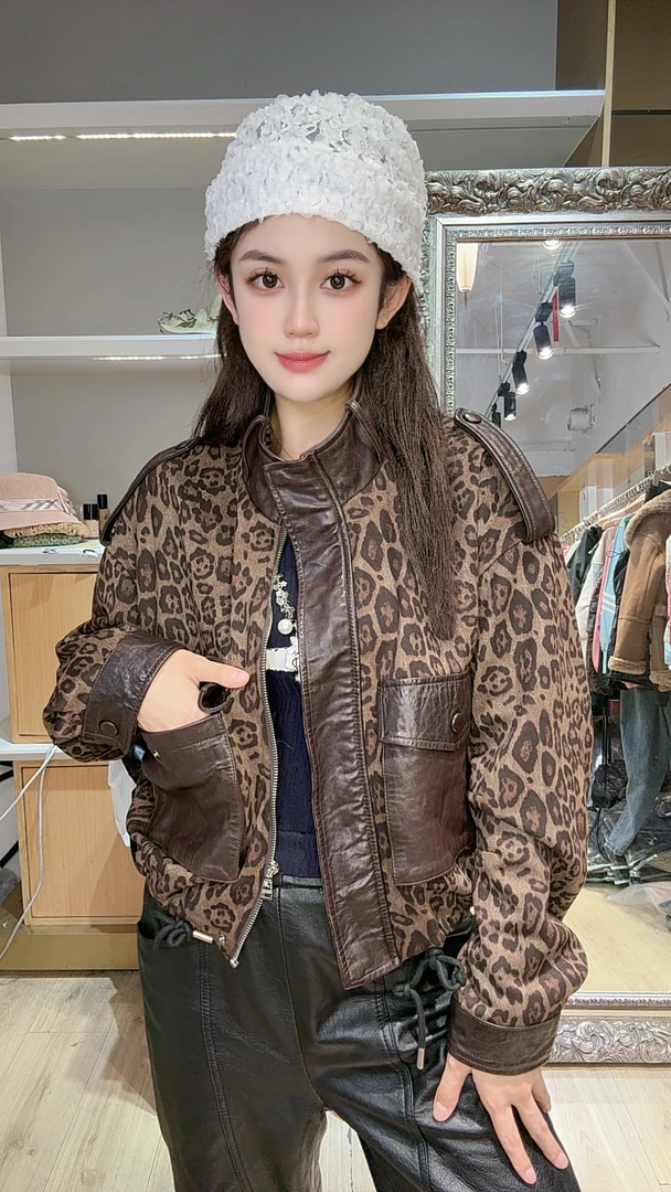 机车领秋冬新款豹纹拼接绵羊皮短外套