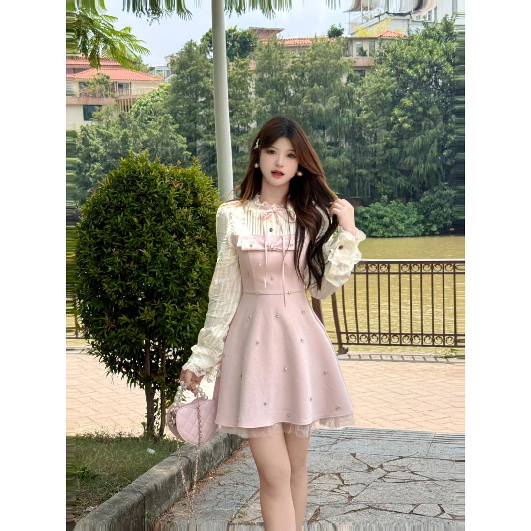 大码女装千金名媛蕾丝长袖衬衫拼接收腰连衣裙女秋季13007