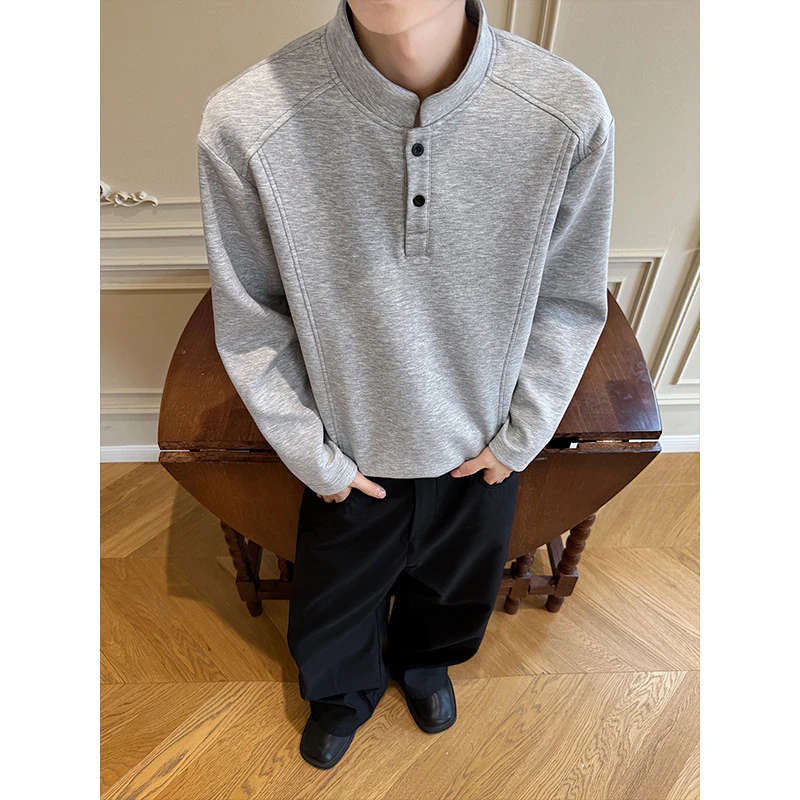 痞帅美式灰色立领卫衣男款秋季高级感亨利衫cleanfit重磅正肩T恤