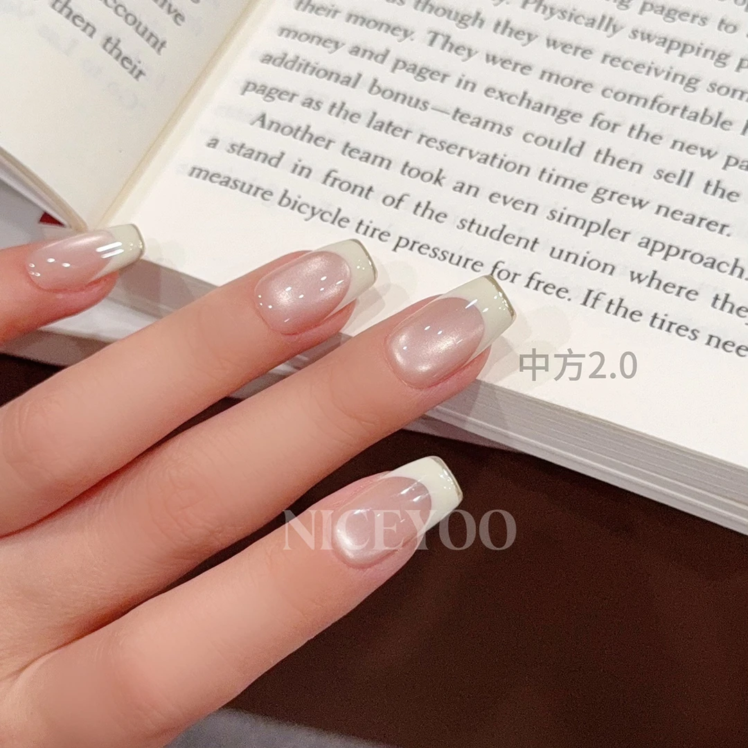 【白月光】白色法式金边玻璃珠猫眼纯手工穿戴甲可拆卸美甲穿戴美甲