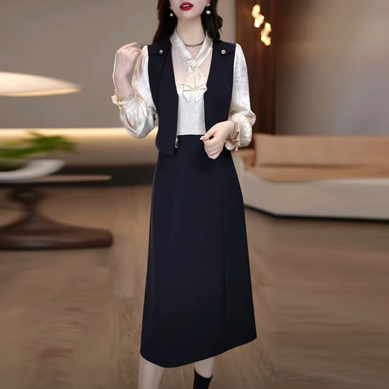 梭织精纺小香风名媛2025春季新款轻奢气质显瘦修身假两件连衣裙子