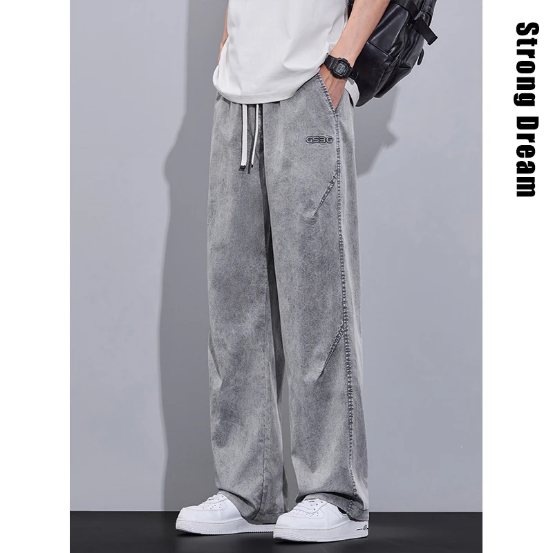 天丝牛仔裤男士夏季薄款2025新款宽松直筒阔腿垂感雪花冰丝长裤子