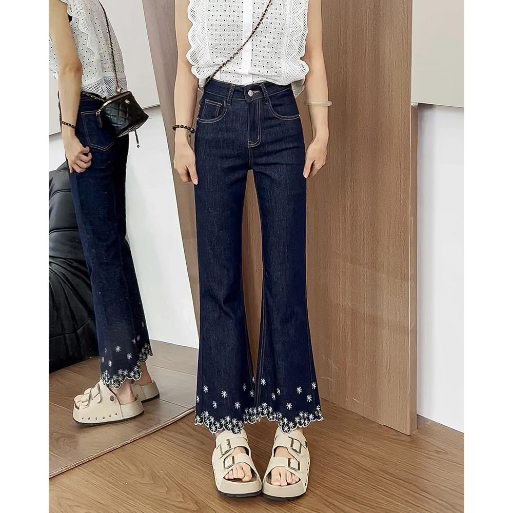 174国风刺绣丹宁蓝九分微喇叭软牛仔裤阔腿宽松小个子裤子女夏薄