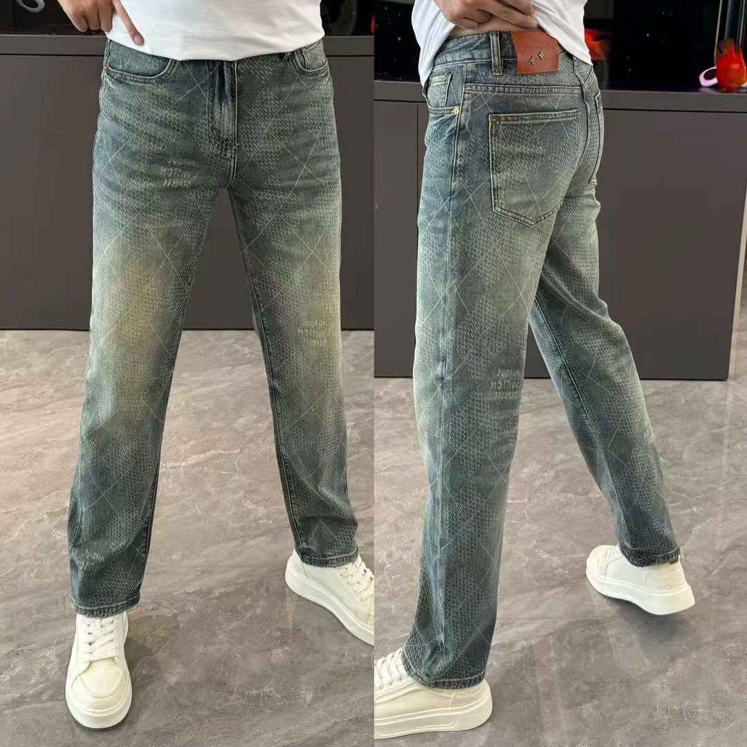 男裤春季新款男士牛仔裤时尚百搭格子印花直筒裤男宽松显瘦长裤男