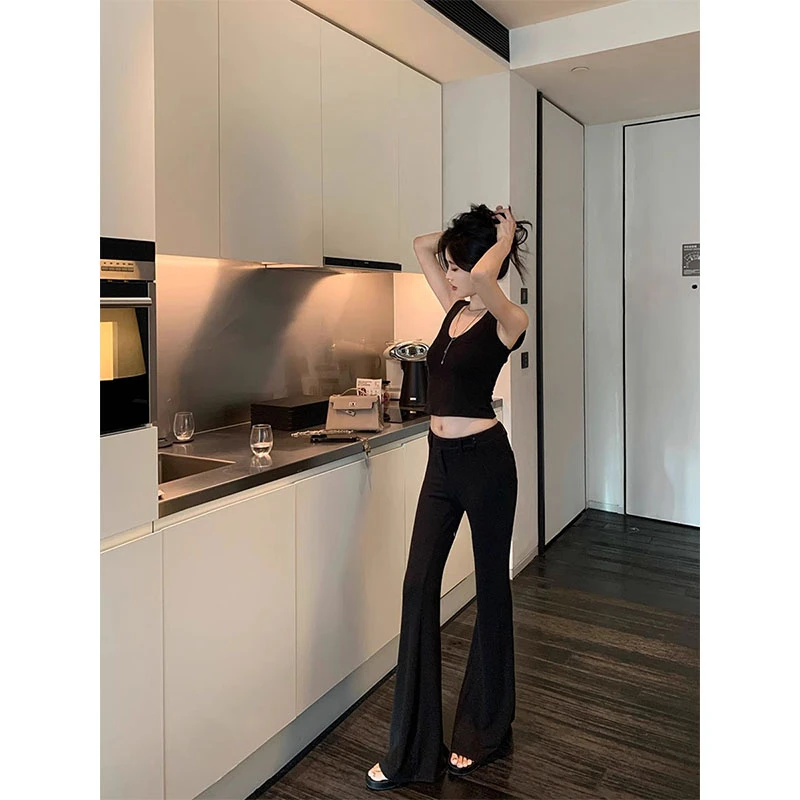 复古垂坠感针织套装女夏宽肩带背心外穿微喇休闲长裤拖地裤两件套