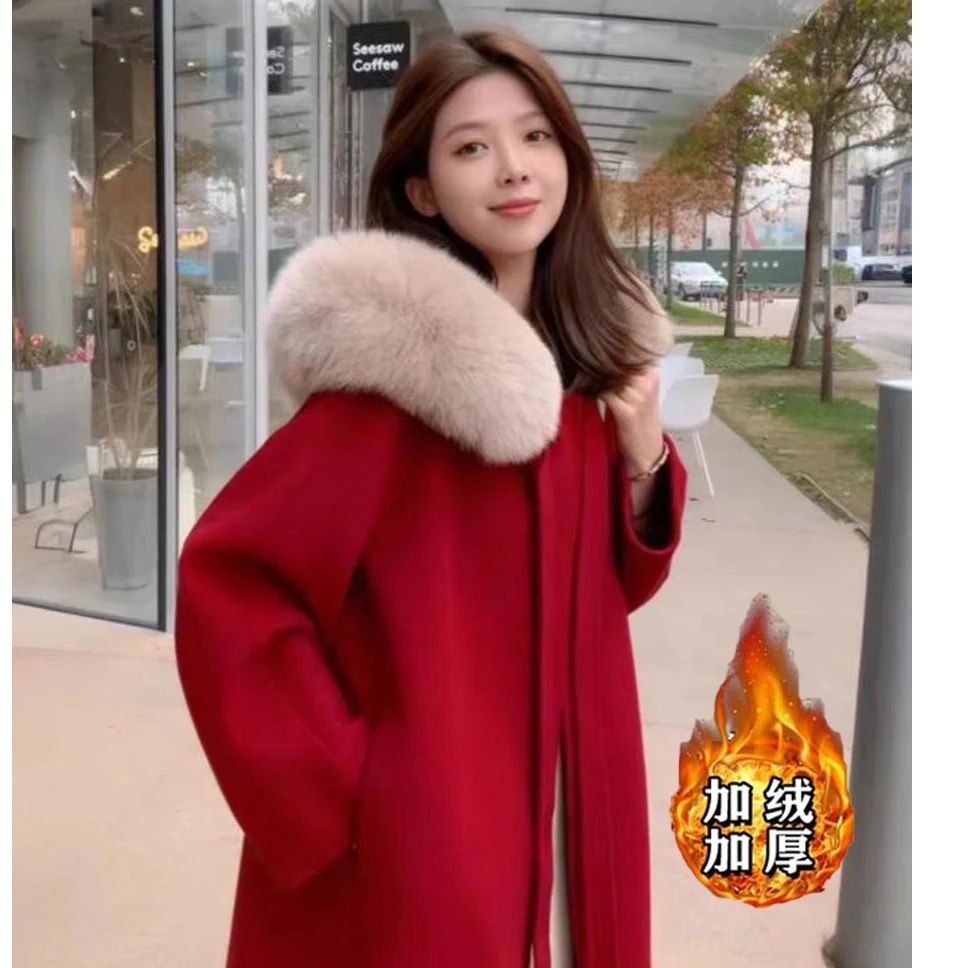 毛呢外套女加厚大毛领连帽红色长款呢子大衣2024冬季新款1680