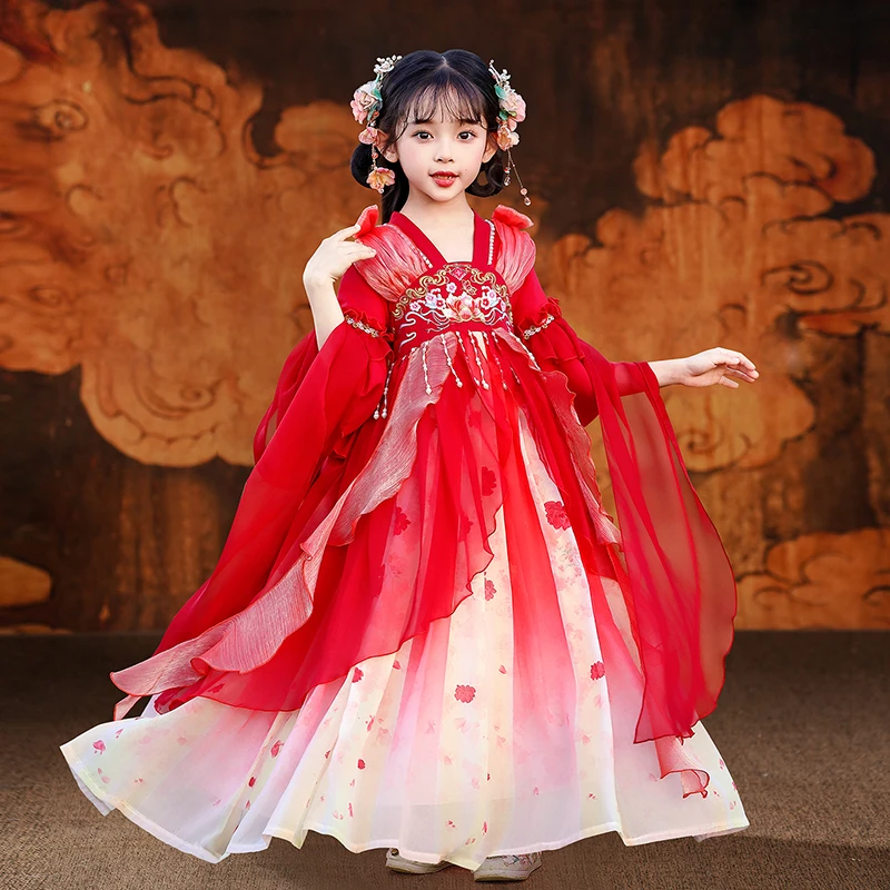 女童汉服春秋古装中国风短袖唐装古风公主小女孩连衣裙子hls8803