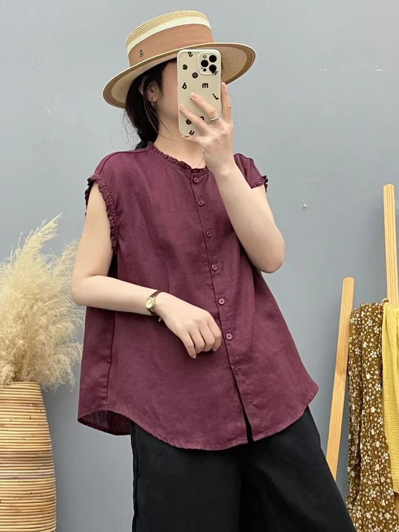 2025年夏款衬衫无袖女新款100纯亚麻飞飞袖薄款衬衫纯色小衫圆领