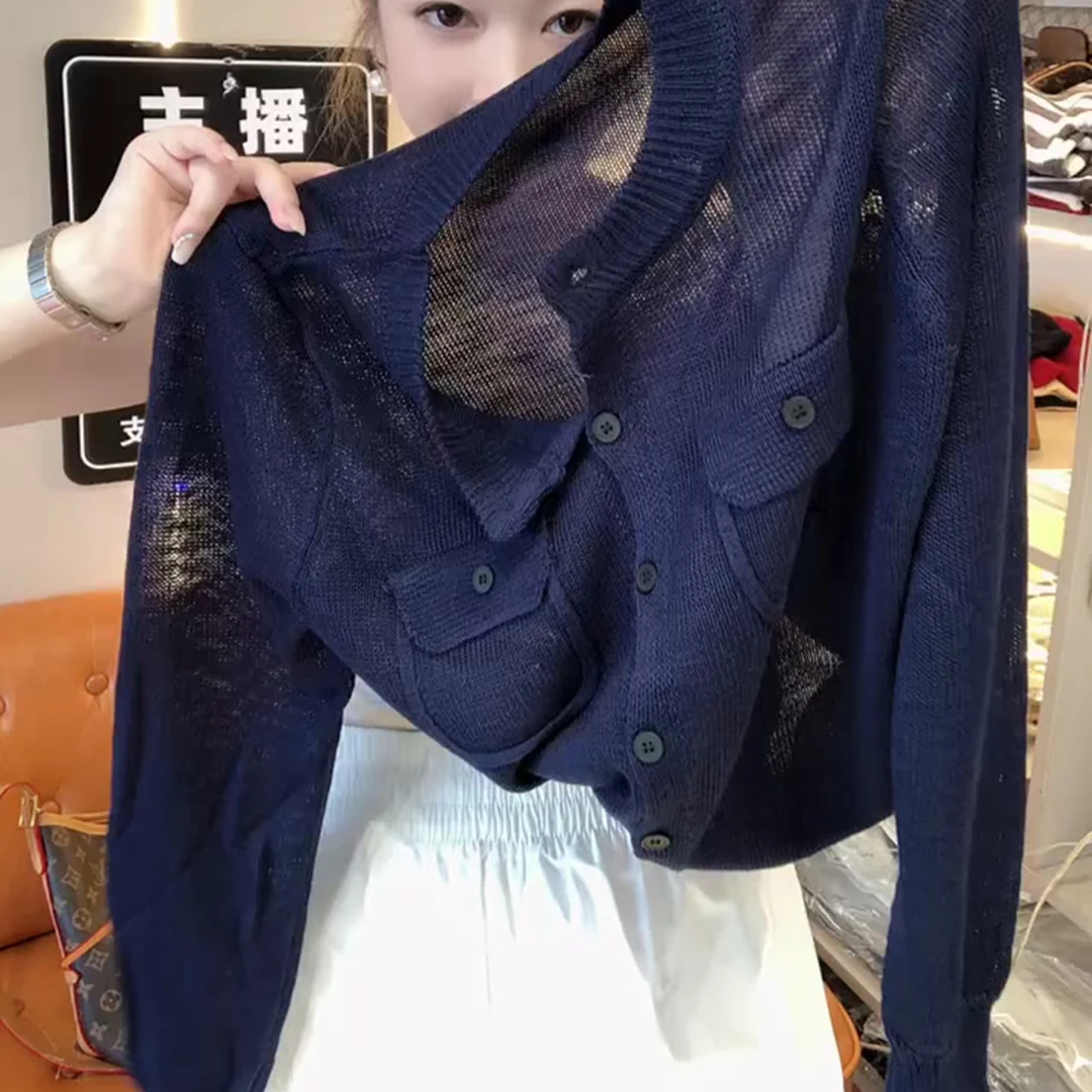 2025春秋季新款女士慵懒别致显瘦长袖针织衫气质薄款圆领开衫上衣