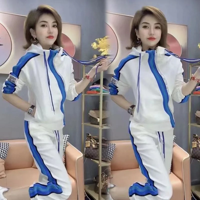 休闲运动套装女2023春秋季新款连帽斜拉链宽松时尚卫衣卫裤两件套