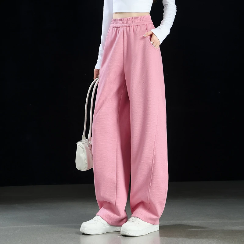粉色香蕉阔腿裤女春2026新款高腰宽松遮胯弯刀运动裤休闲直筒卫裤
