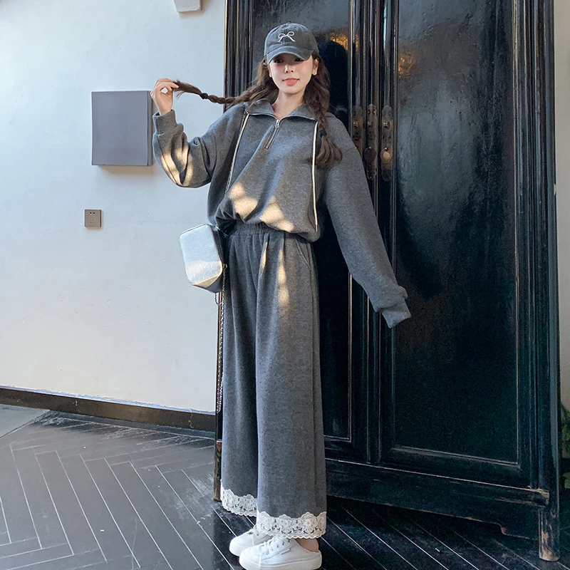 灰色时髦蕾丝拼接连帽卫衣套装女春季2025年新款高腰阔腿裤两件套