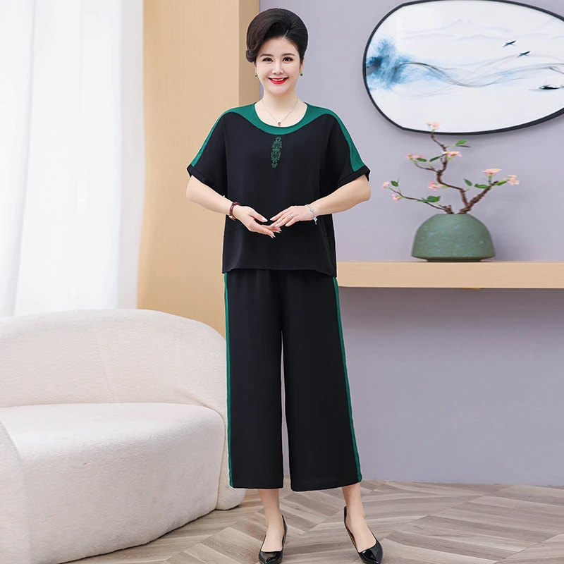 中老年女装老太太夏季新款拼色短袖大码T恤上衣两件套妈妈装夏季