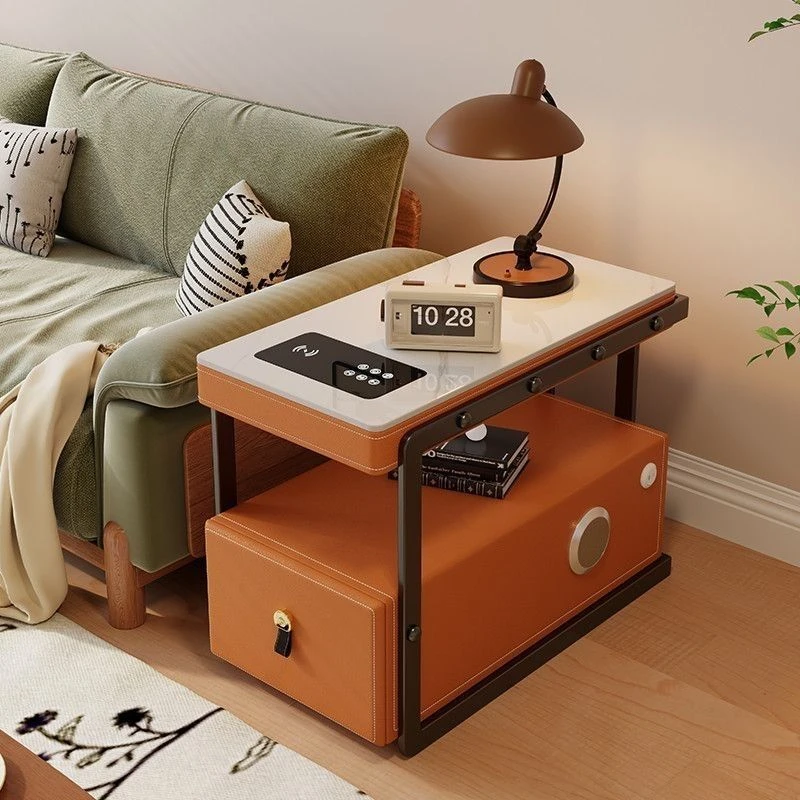 智能沙发边柜马鞍皮侧边柜现代客厅实木移动茶几多功能储物柜家用