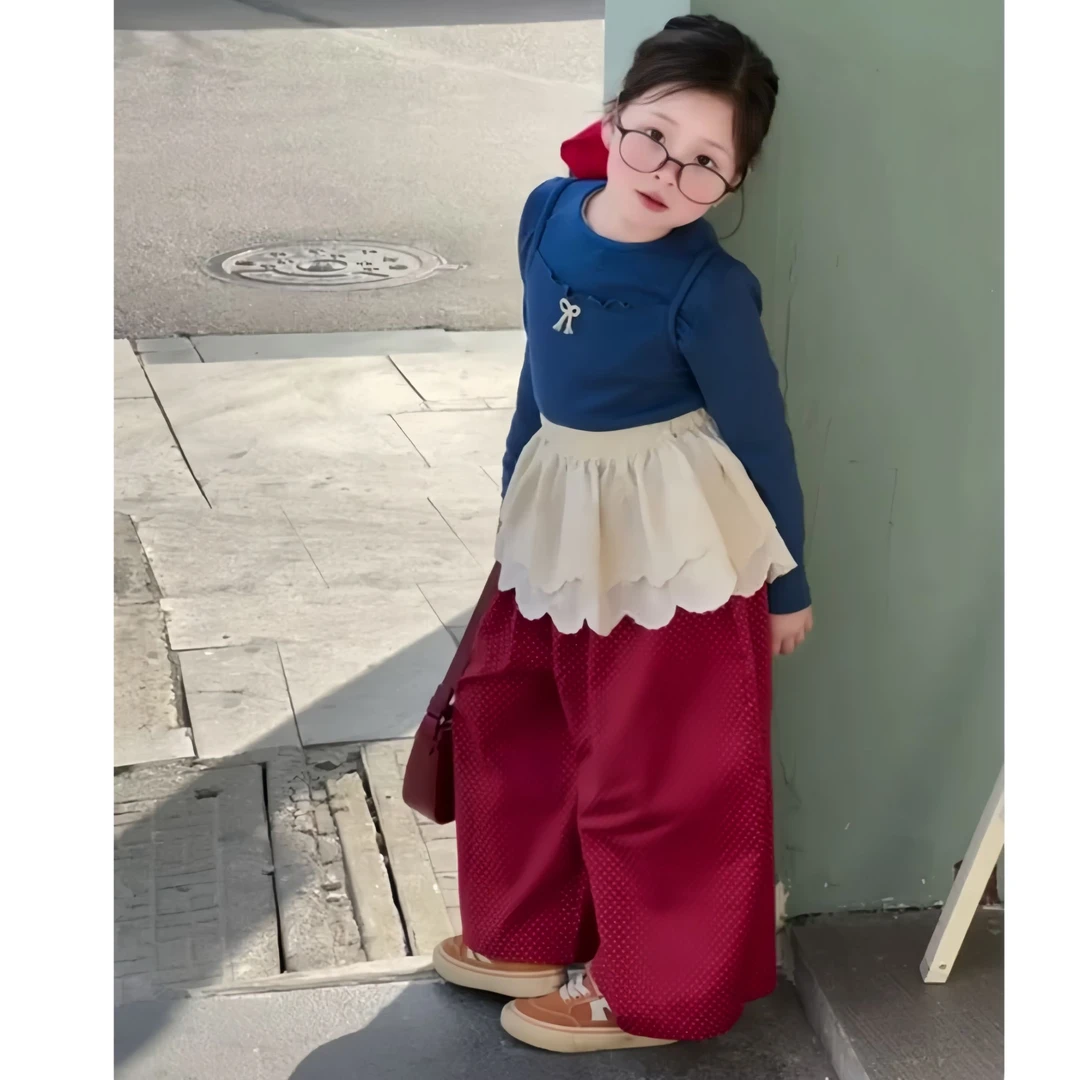 《现货》韩版女童多巴胺套装2025早春儿童上衣网纱屁帘红色休闲裤