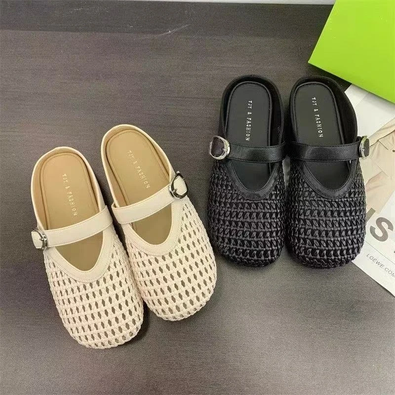 一字带网面镂空编织渔网鞋凉鞋懒人拖鞋法式包头网眼半拖女鞋透气