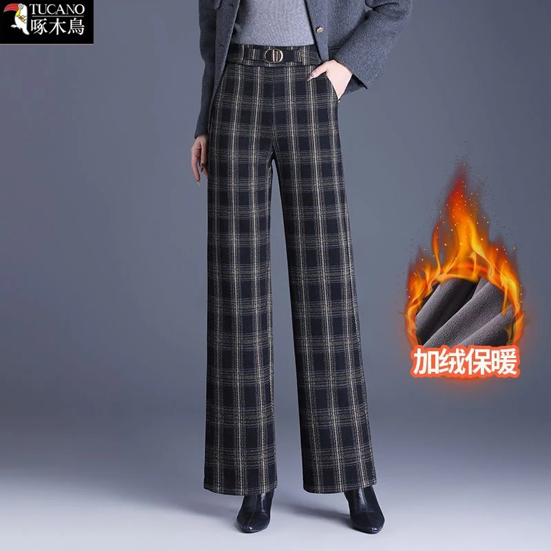 啄木鸟秋冬加绒保暖格子拼色阔腿裤2025年新款女士减龄毛呢休闲裤