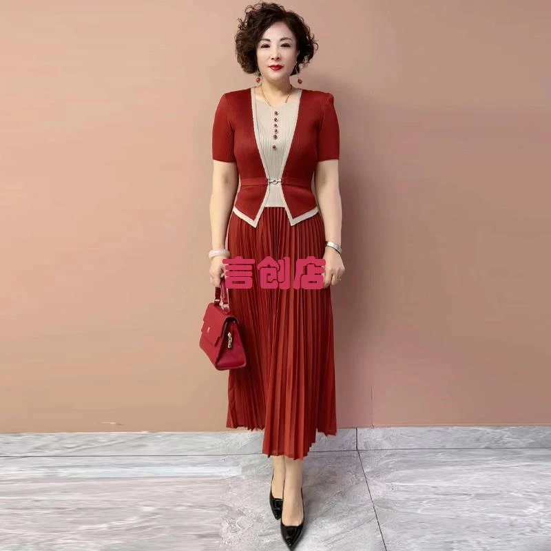 723爆款时尚v领拼接撞色收腰显瘦百褶连衣裙中长款褶皱妈妈夏季裙