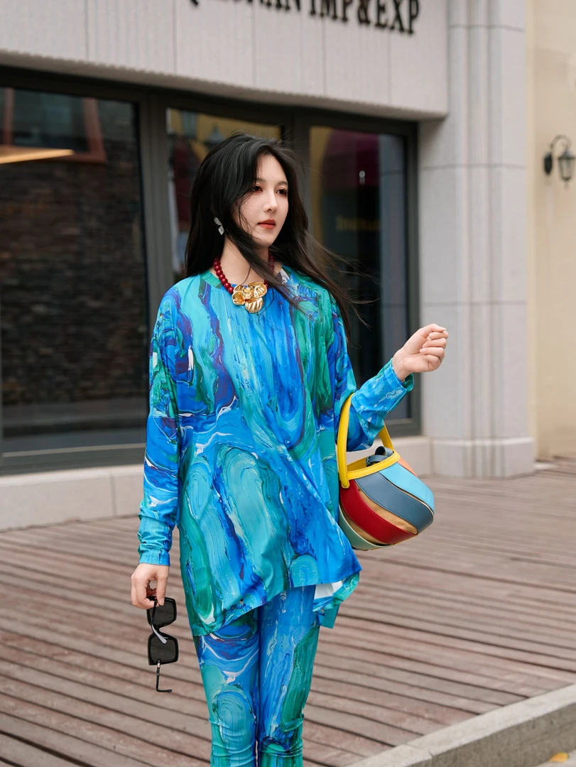 HZHJ新款设计师款  蓝绿肌理油画长袖套装裤 气质贵族大牌 1890