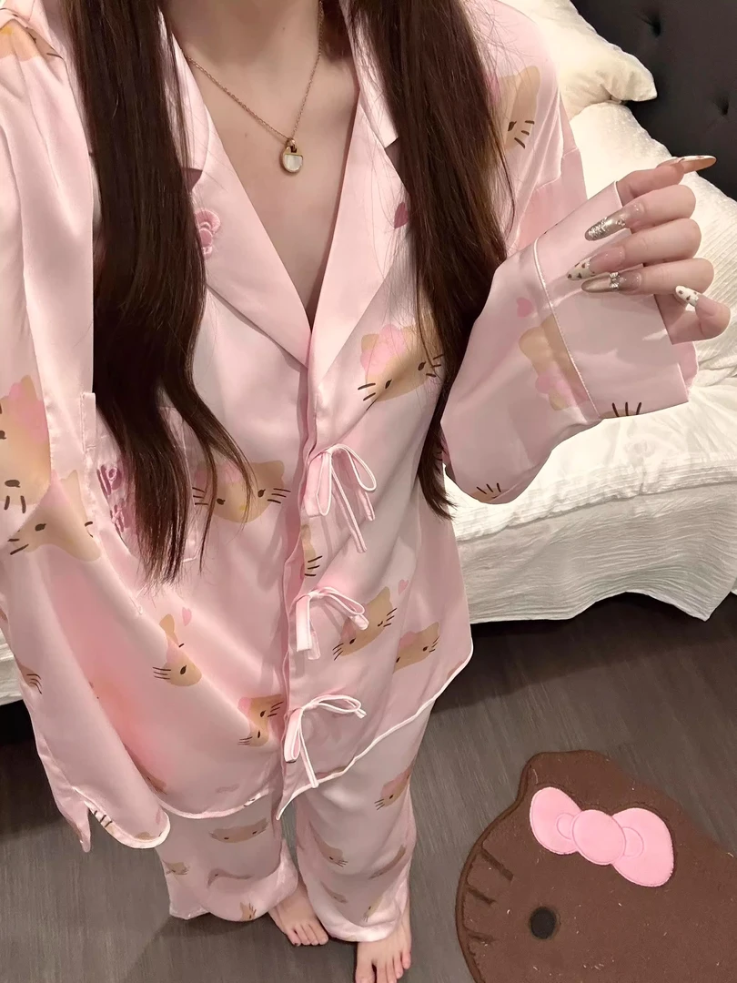 【DMXJ大梦想家】甜美Kitty猫冰丝睡衣女款新款夏季家居服甜美套装