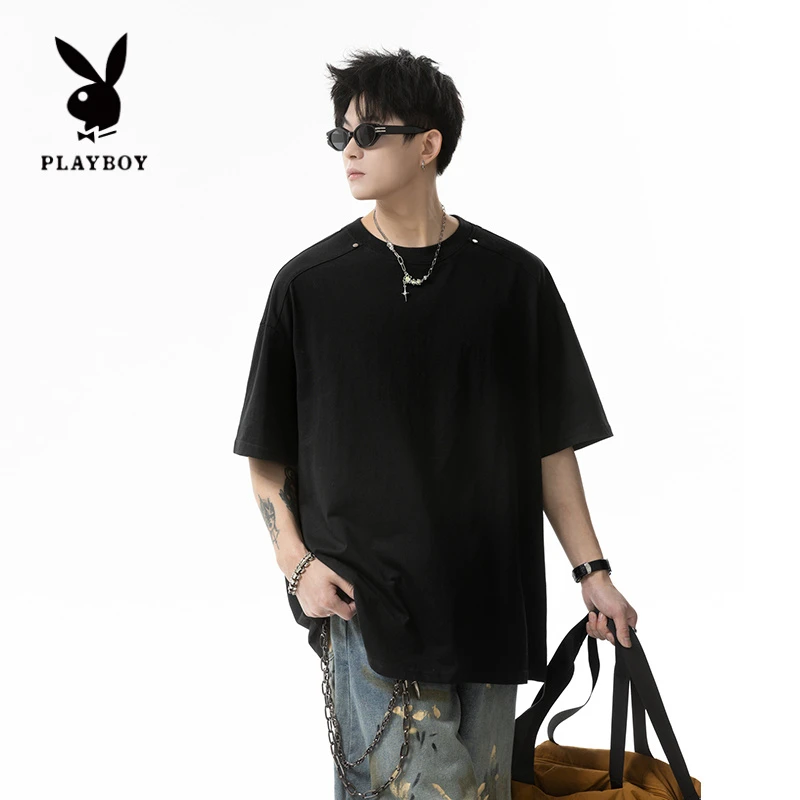 PLAYBOY/花花公子美式高街金属装饰短袖T恤男夏季设计感休闲圆领