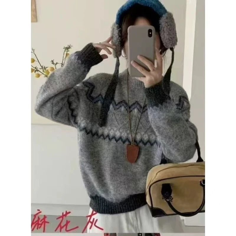 2025新款复古提花撞色毛衣慵懒宽松上衣针织上衣毛衣百搭少女风