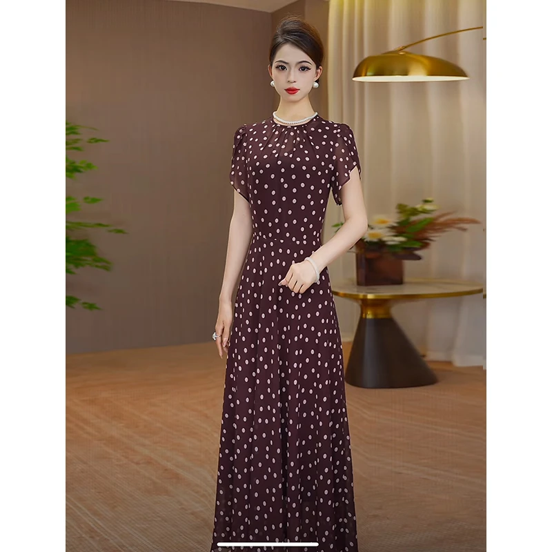 波点连衣裙女2025夏季新款修身显瘦气质时尚长款裙子收腰优雅长裙