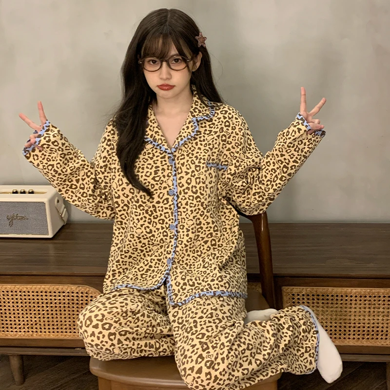 芯语婷春秋季新款豹纹睡衣女士薄款甜美卡通长袖家居服套装可外穿