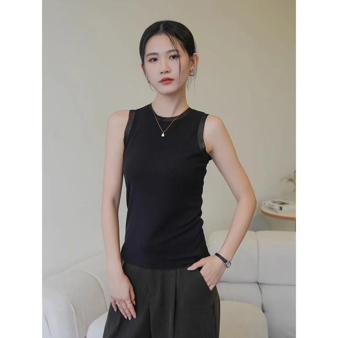 黑色网纱吊带背心女2025年新款早秋百搭修身无袖打底内搭上衣外穿