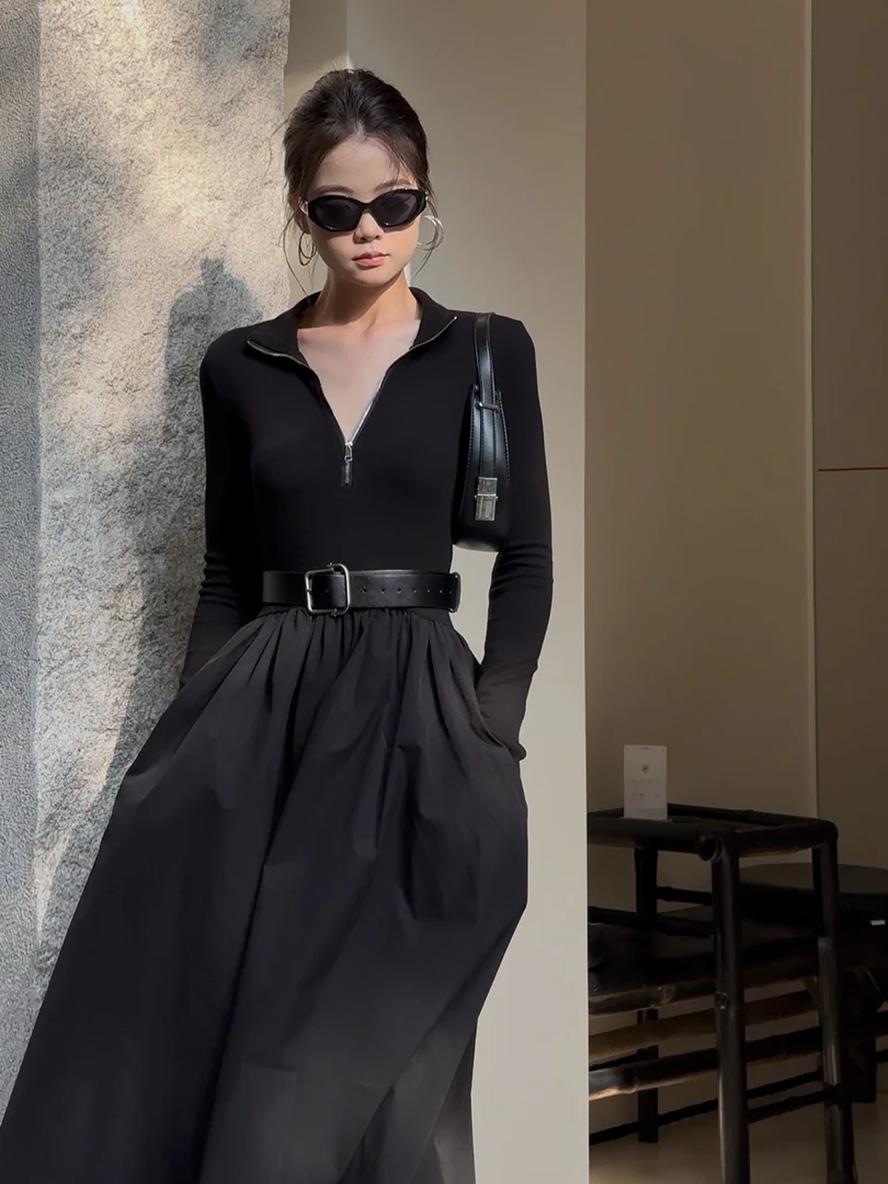 长袖连衣裙法式收腰中长赫本裙设计感收腰显示女装长裙