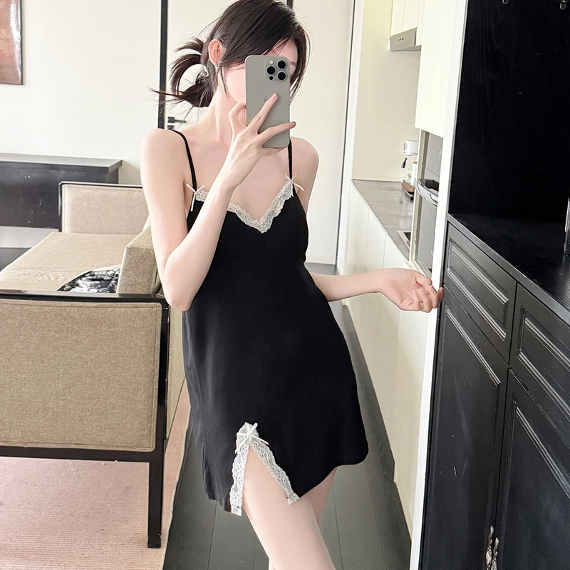 吊带睡裙女款夏季莫代尔修身韩版纯欲风性感带胸垫v领黑色睡衣裙