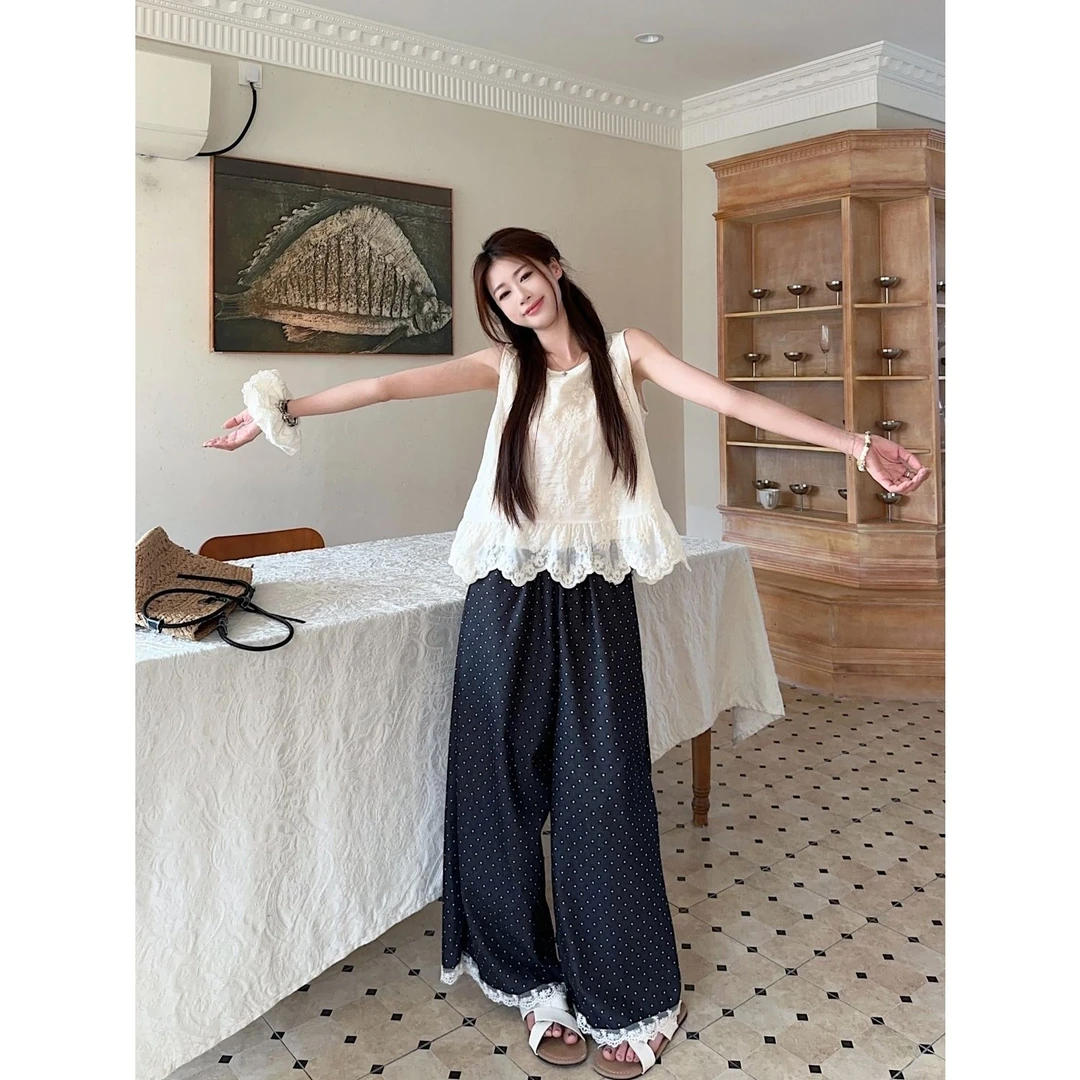 甜美风蕾丝刺绣无袖背心女2025夏季新款显瘦波点休闲裤长裤两件套