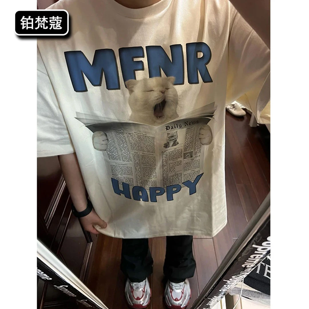 铂梵蔻男士痞帅印花纯棉T恤潮宽松大码美式圆领上衣短袖夏季休闲