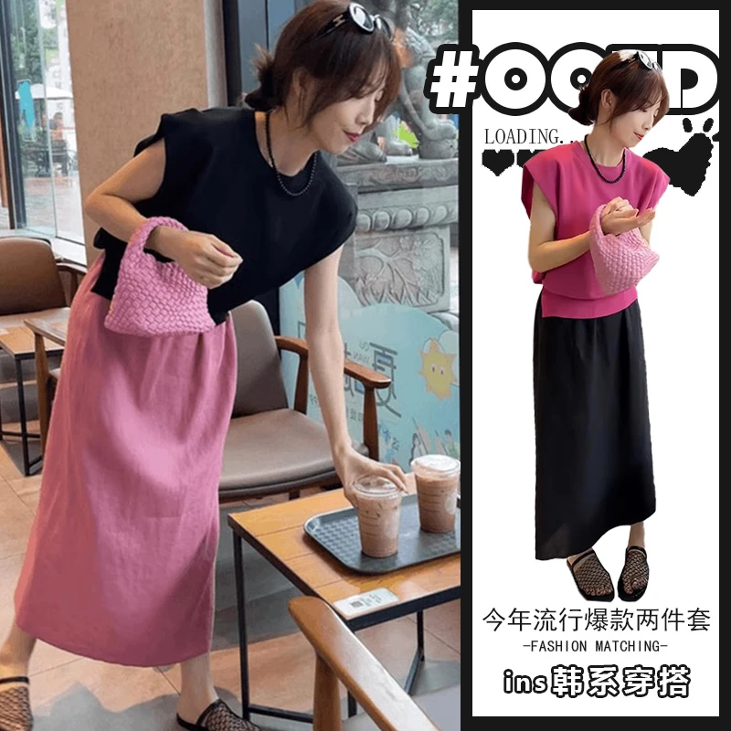 夏季搭配一整套后背绑带短袖t恤上衣女2025新款爆款半身裙两件套