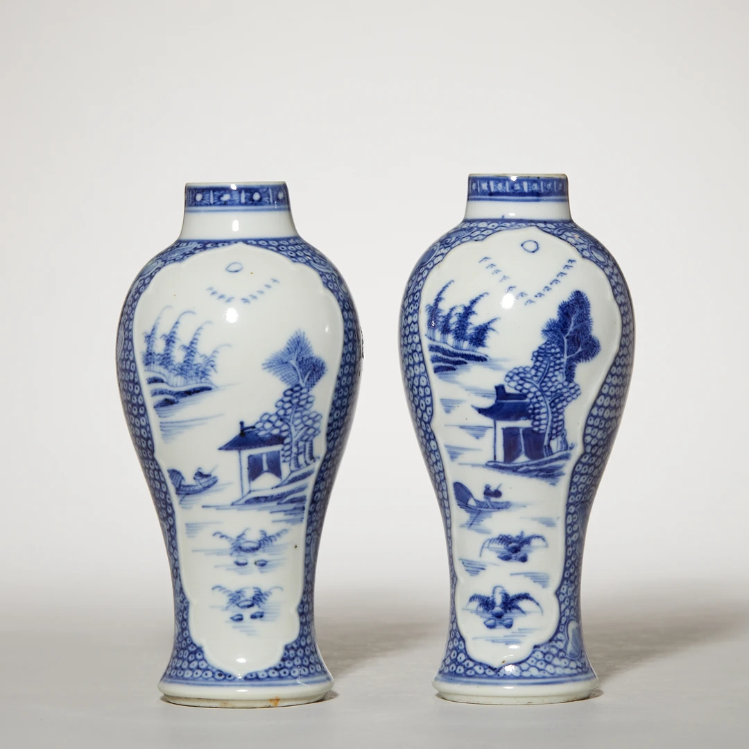 4014清乾隆·青花山水人物梅瓶(一对)【古董拍卖】