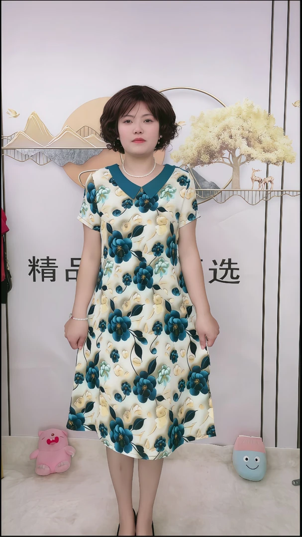 W-5{幽兰花海}新款时尚百搭气质显瘦遮肉宽松中长款妈妈装连衣裙