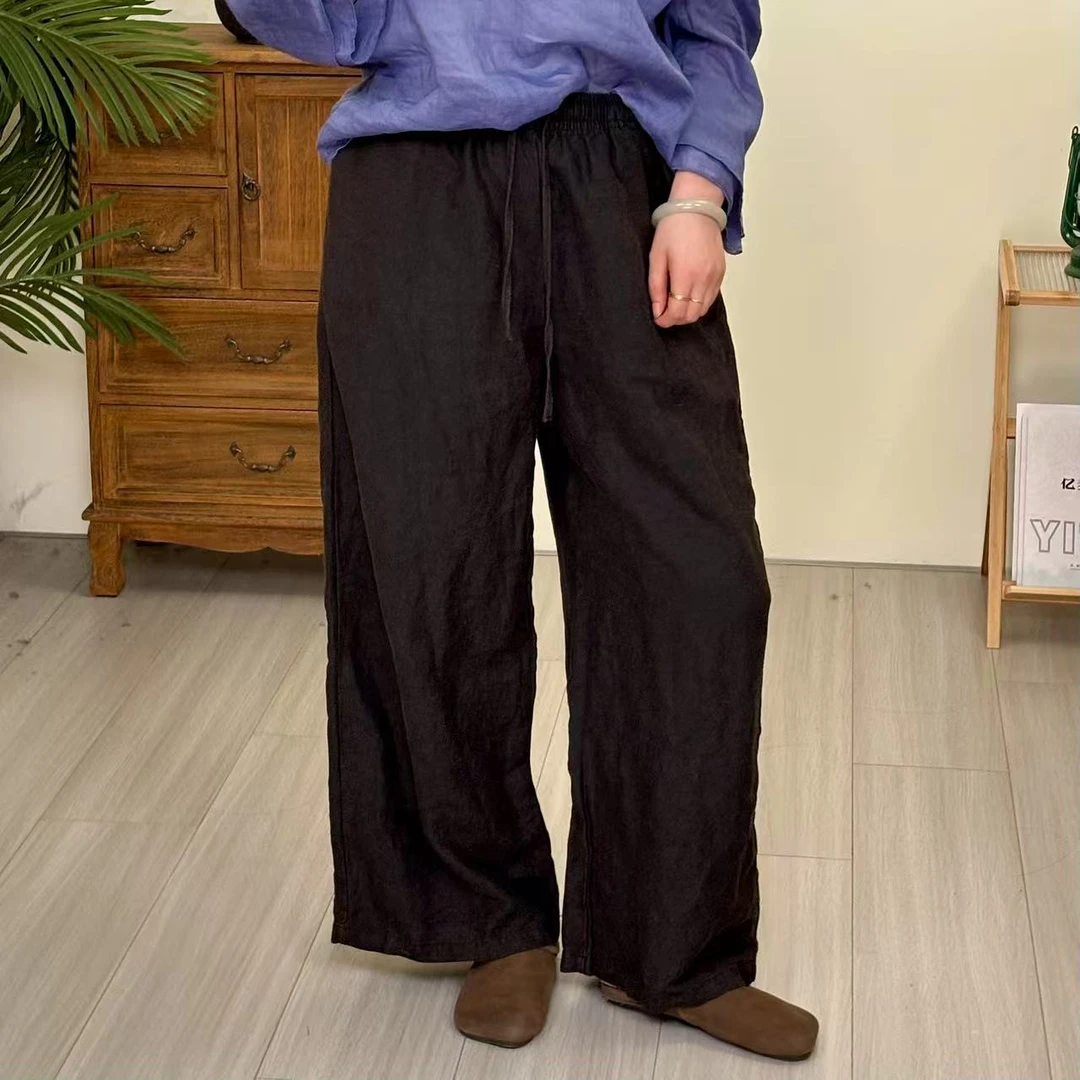 咖色亚麻休闲裤百搭复古口袋风向裤女装薄款国风直筒裤夏季 520