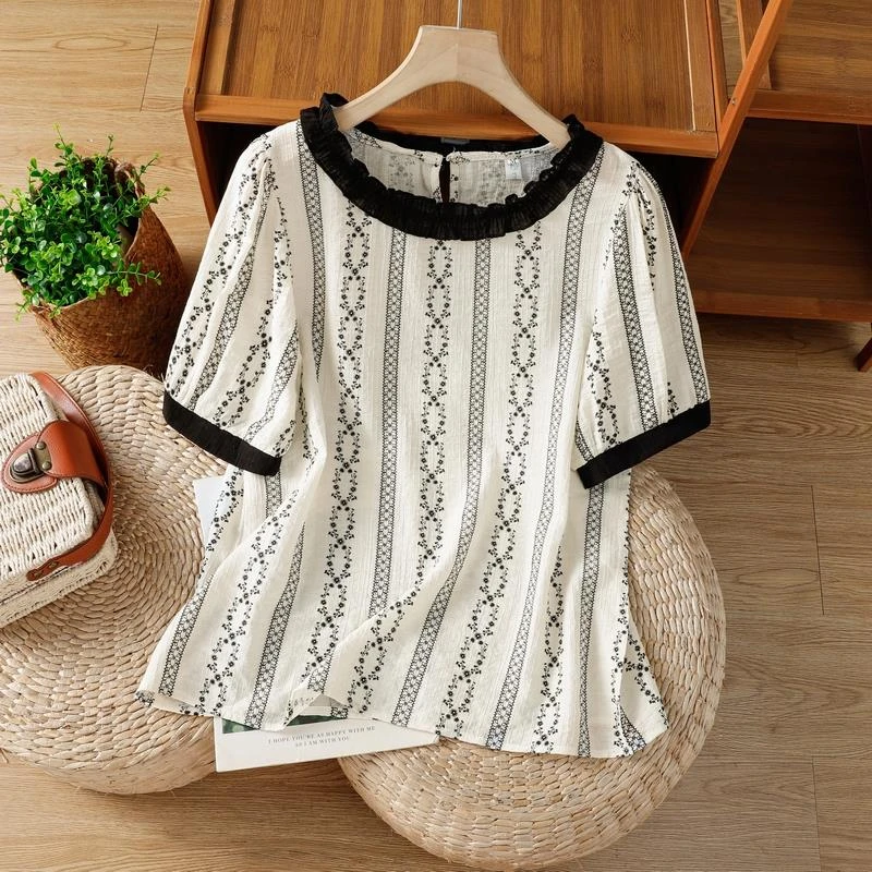 法式轻奢圆领正肩短袖T恤女夏季新款木耳边刺绣小衫复古文艺上衣