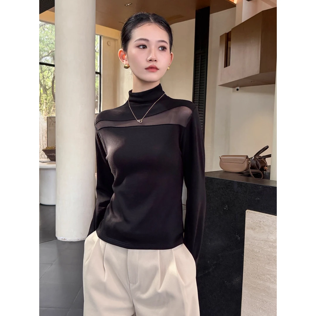 半高领加绒黑色打底衫女秋冬装网纱拼接磨毛长袖t恤内搭上衣外穿