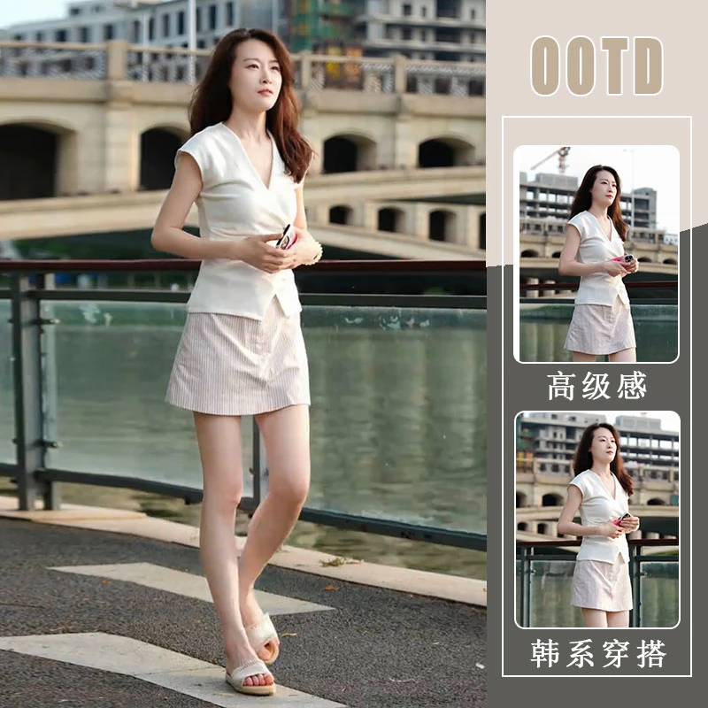 纯色简约风v领短袖衬衫上衣2025夏新款条纹减龄洋气半身裙两件套
