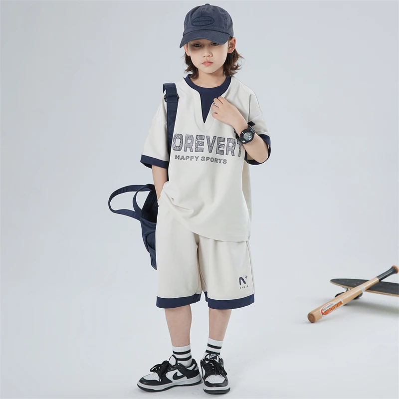 男童假两件V领短袖套装夏季2025新款儿童运动休闲两件套中大童15