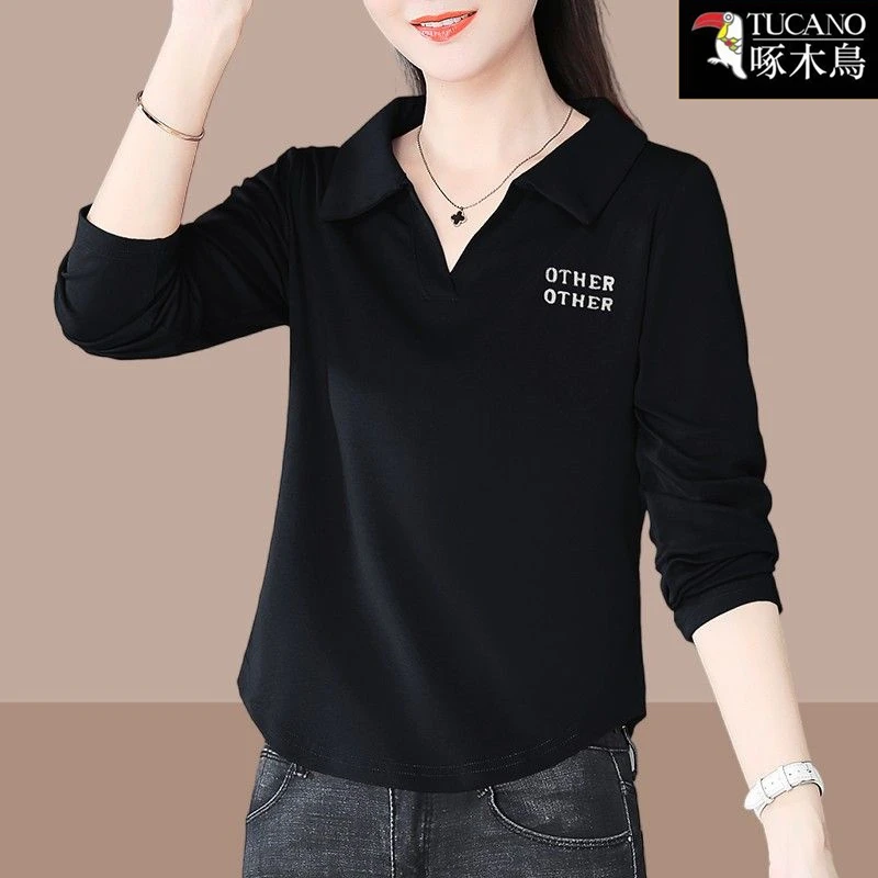 啄木鸟秋季长袖翻领上衣休闲减龄女装2025年新款韩版字母刺绣T恤